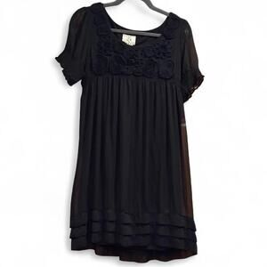 ICE Petite Black Babydoll Dress Floral Appliqué Neckline Tiered Hem - Size 10P